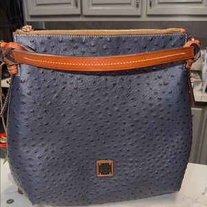 Dooney & Bourke Navy Ostrich-Embossed Shoulder Bag with Tan Trim